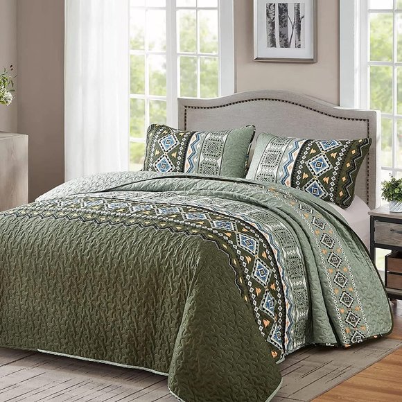 New Boho Olive Green 3 PC Bedding 100% Polyester Quilt Set • Reversible • QUEEN - Picture 7 of 9
